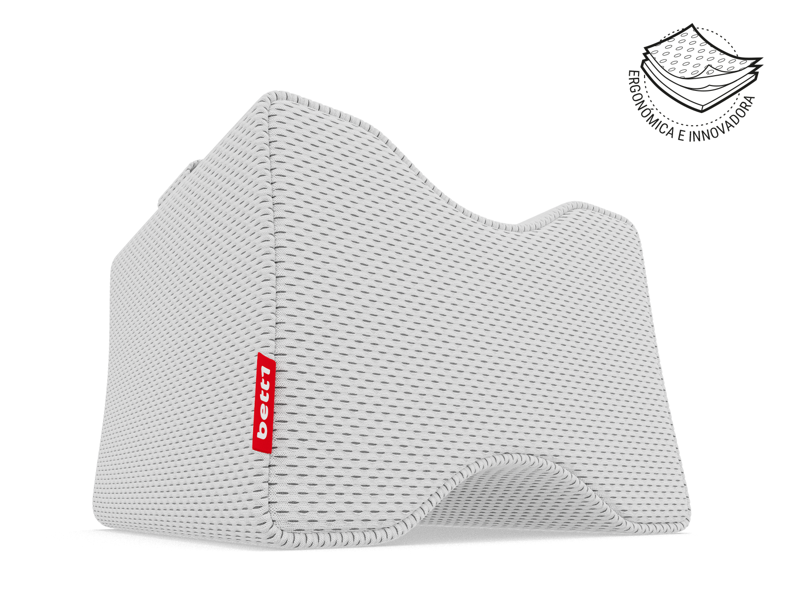 La almohada para las rodillas. Ilustración de la funda de la almohada en tres capas. Texto: ergonómica e innovadora.