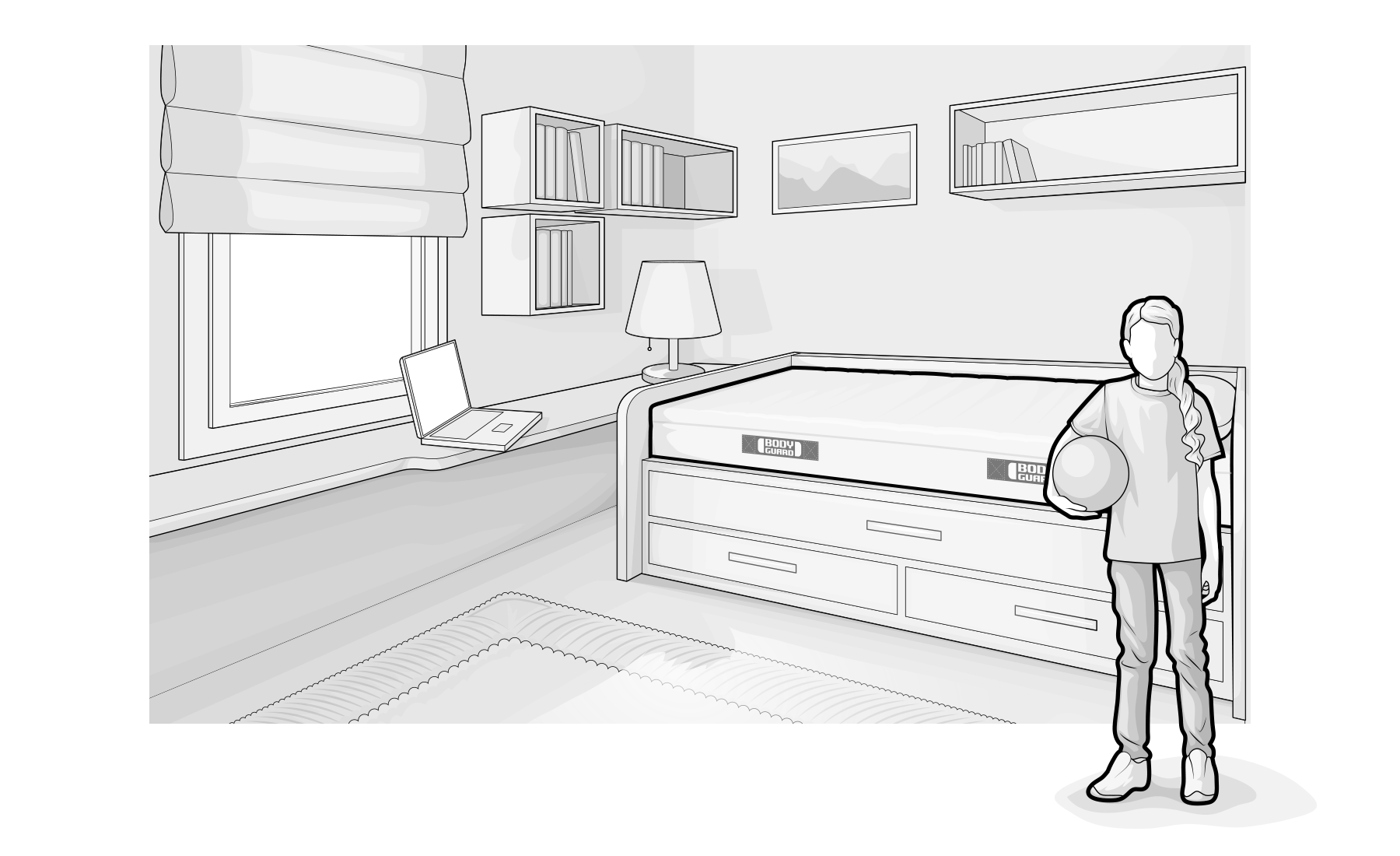 Ilustración de un joven junto a una cama con el colchón BODYGUARD®, destacando la adaptabilidad del colchón BODYGUARD® a todos los tipos de cuerpos.