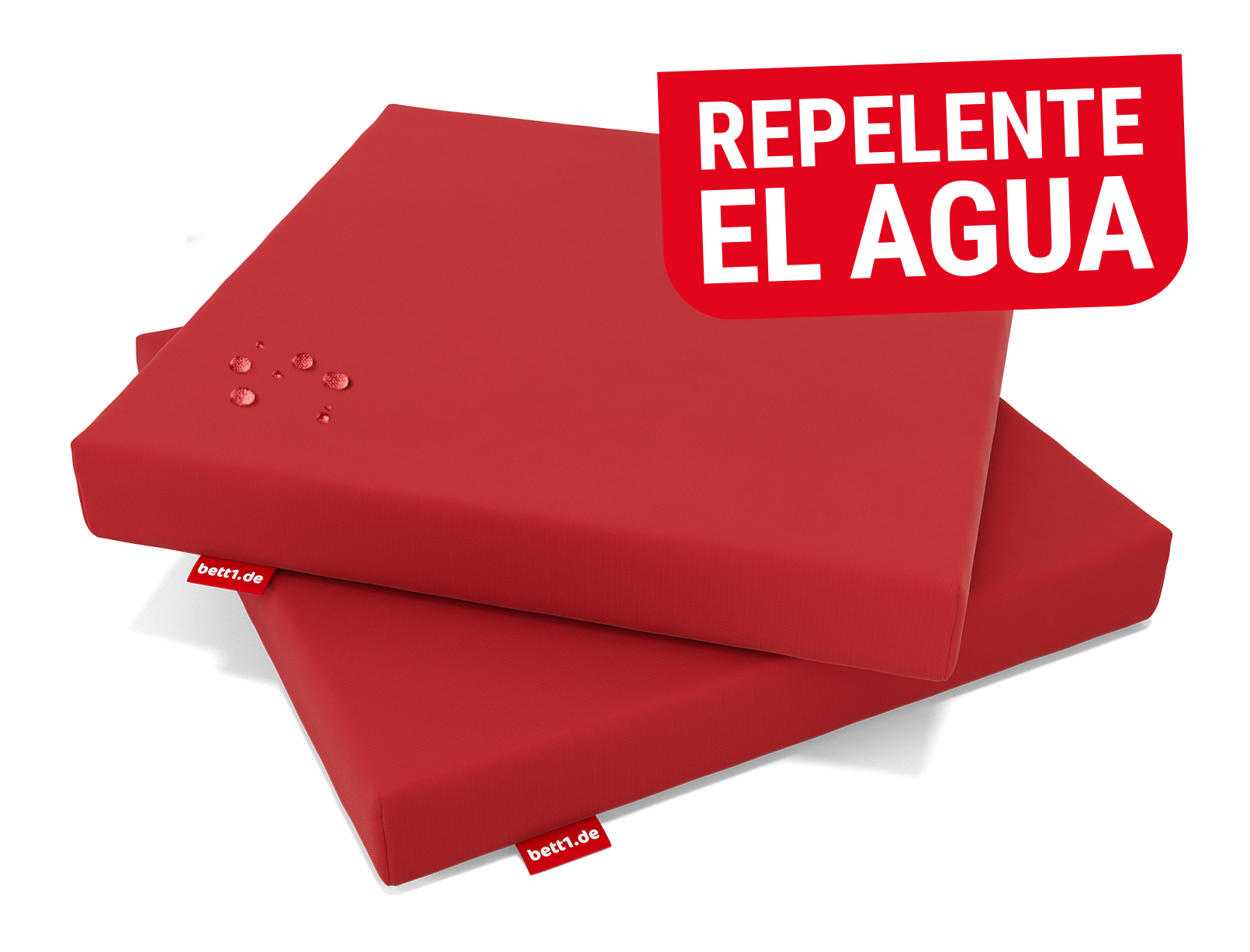 Dos cojines de asiento RAINGUARD colocados uno sobre otro. Gotas de agua resbalando en la superficie. Texto: Repelente al agua