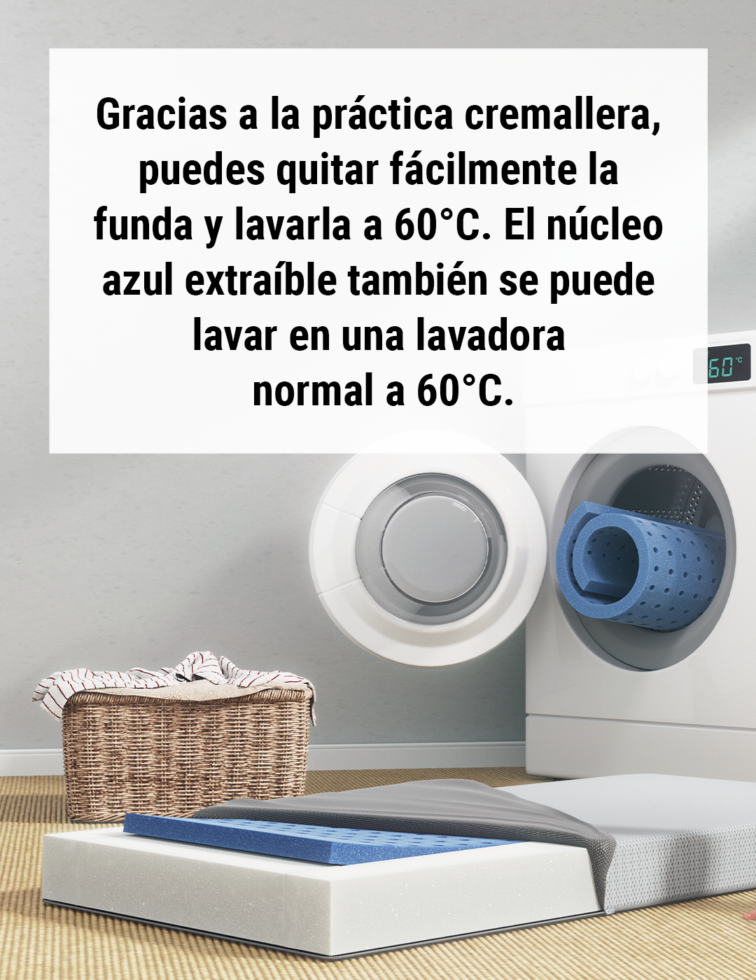 Alt text:  "Colchón BODYGUARD® con funda abierta y núcleo azul extraíble, junto a una lavadora. El mensaje destaca la cremallera práctica que permite quitar la funda y lavarla a 60°C, así como la capacidad de lavar el núcleo azul en una lavadora normal."