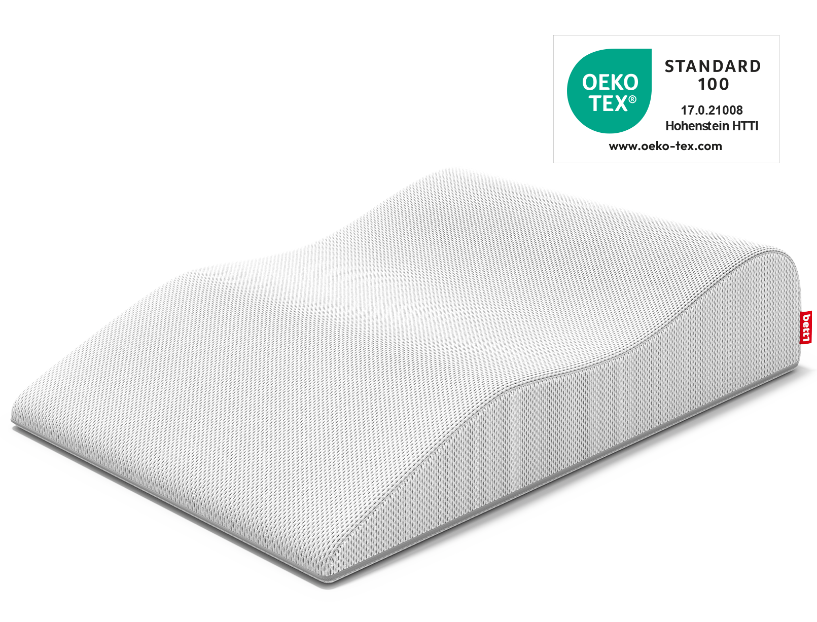 La almohada para las piernas BODYGUARD®. Al lado, el sello Oeko-Tex® Standard 100.