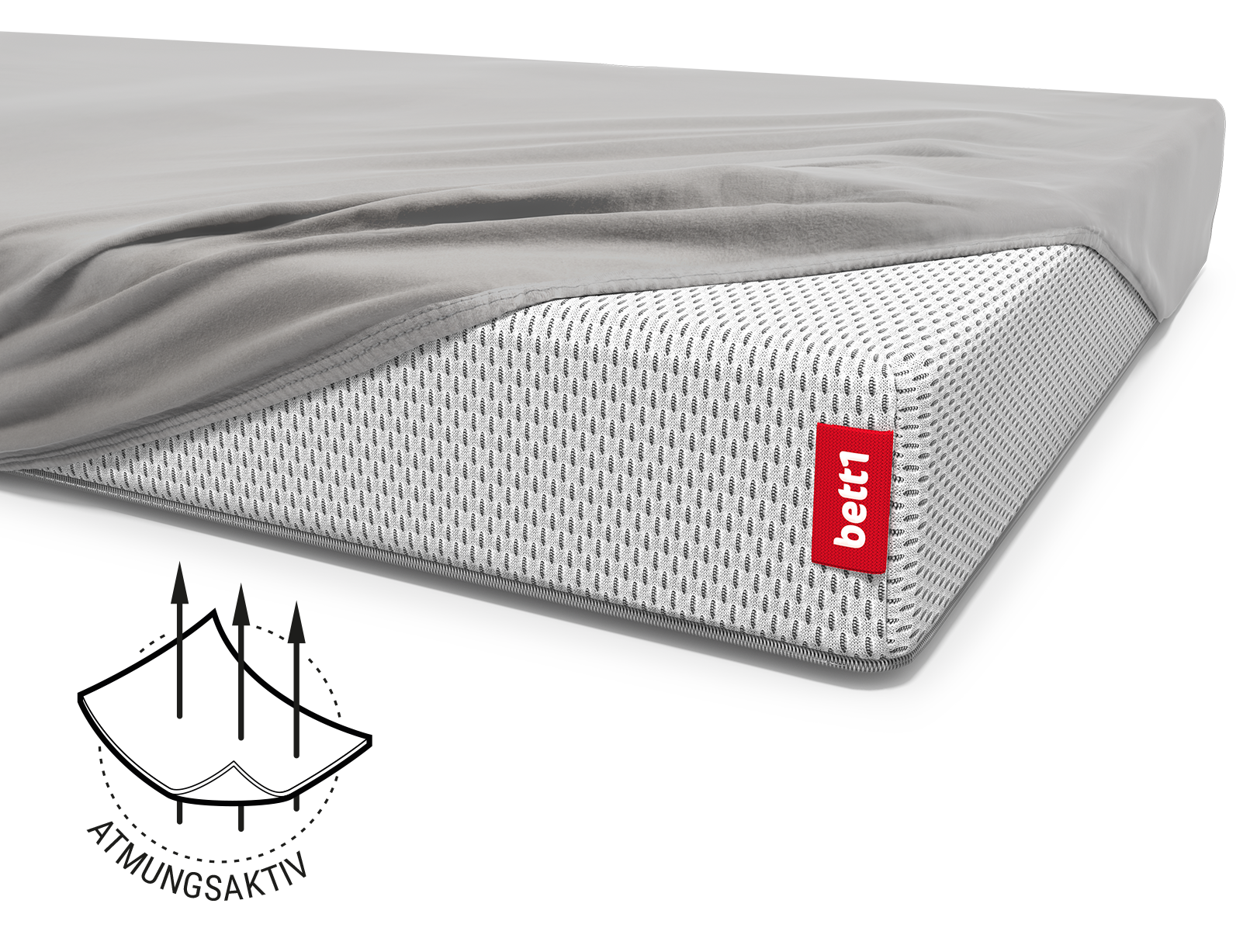 Die SuperBreeze® Kindermatratze bis auf eine Ecke bezogen mit dem Kinder-Spannbettlaken in Silber. Illustration des Stoffes, durch den drei Pfeile gehen. Text: atmungsaktiv	