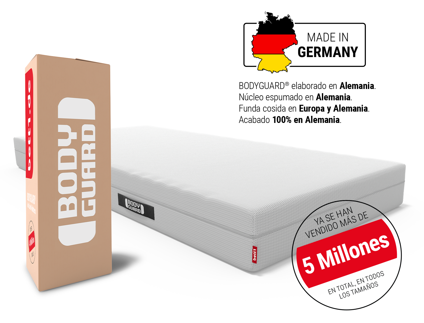 Colchón anticartel BODYGUARD® junto a una caja de cartón con la inscripción «BODYGUARD®» en letras blancas.   Icono con texto: Más de 5 millones de unidades vendidas en todos los tamaños. Logotipo "Made in Germany".