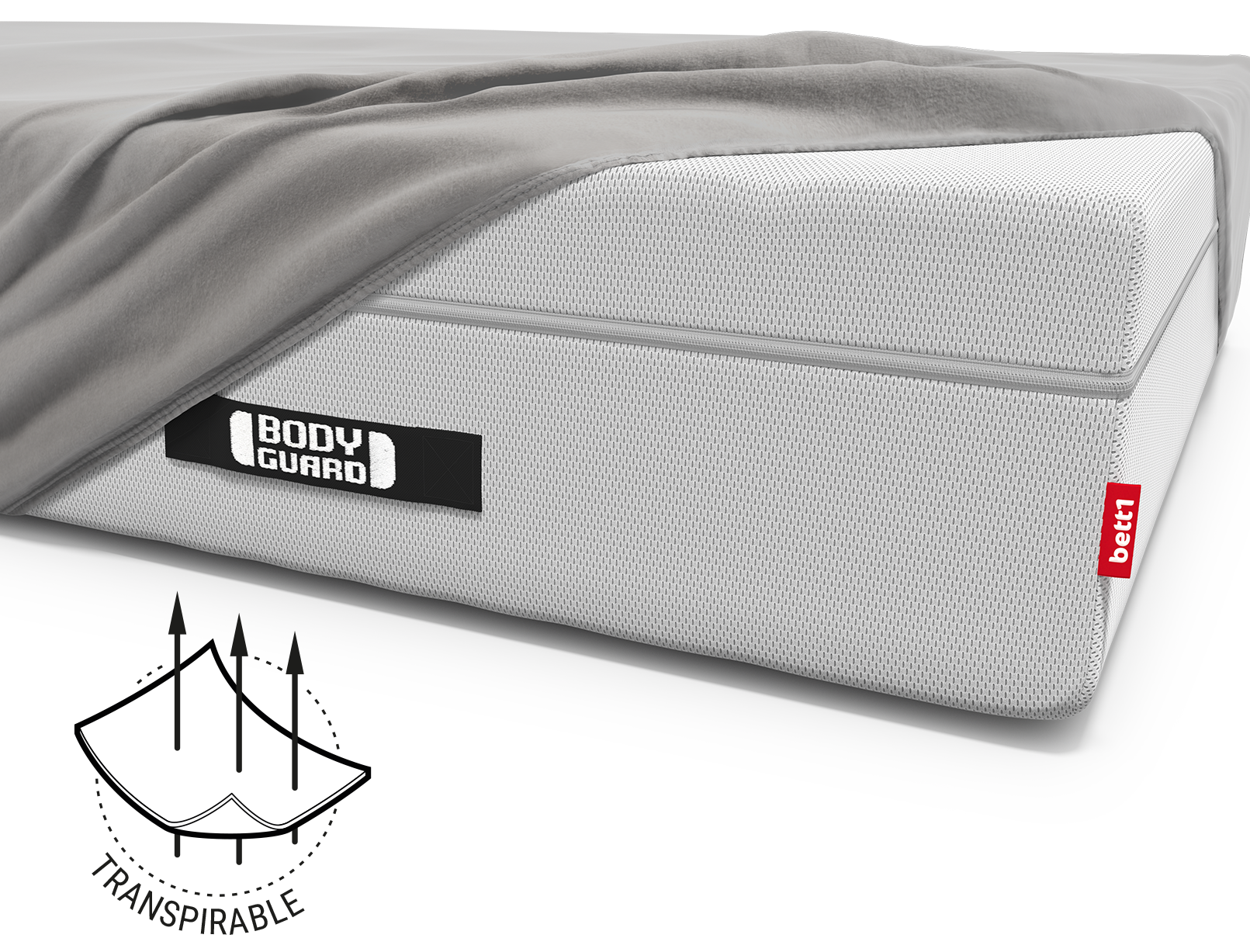 Die BODYGUARD® Boxspring Matratze bezogen mit dem Spannbettlaken extra hoch. Illustration des Stoffes, durch den drei Pfeile gehen. Text: atmungsaktiv	