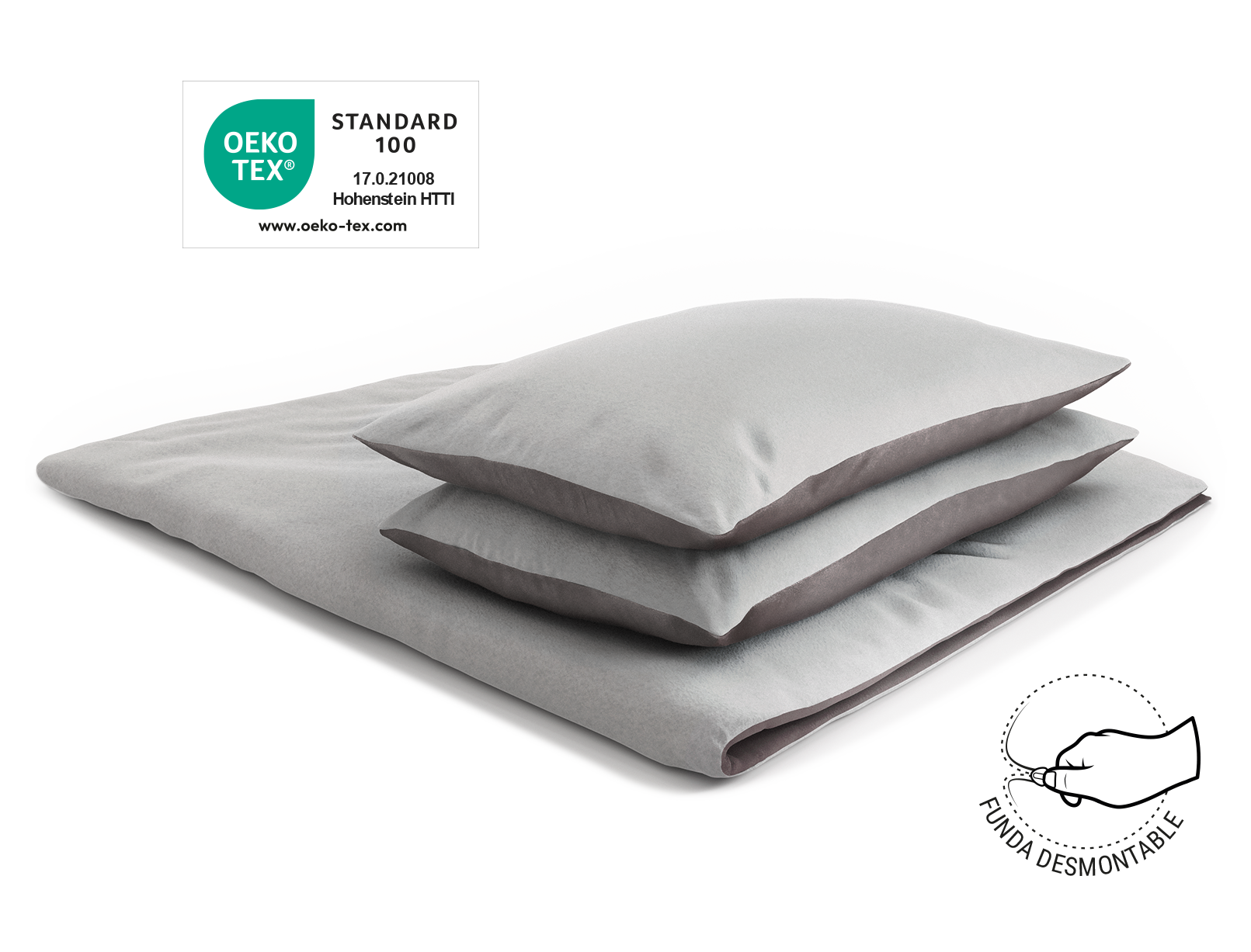  La ropa de cama de franela BODYGUARD® colocada en un edredón doblado con dos almohadas. Sello Oeko-Tex®. Ilustración de una mano cerrando una cremallera. Texto: Fácil de poner.