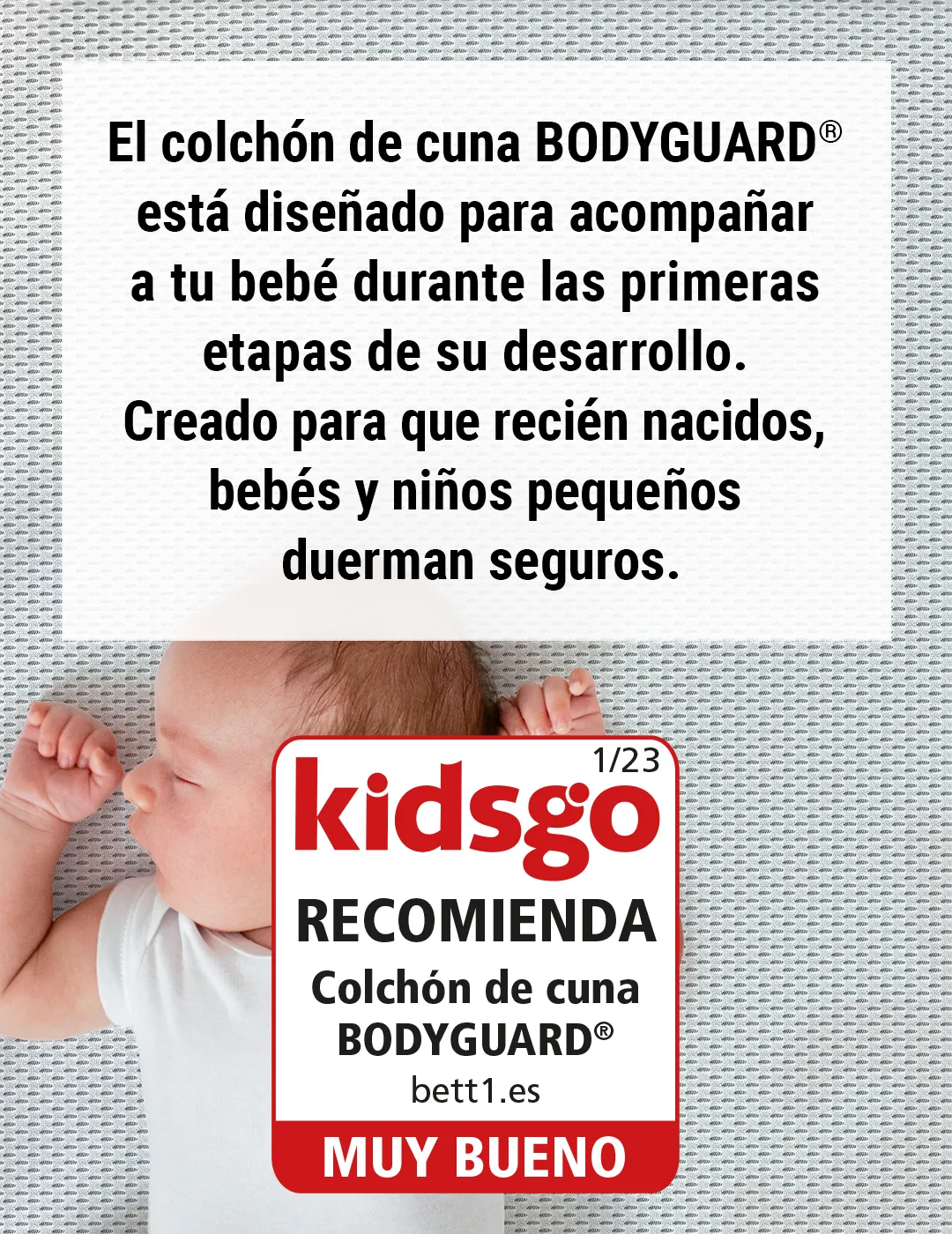 Imagen de un colchón bett1 con el sello de aprobación de kidsgo, destacando su calidad para bebés.