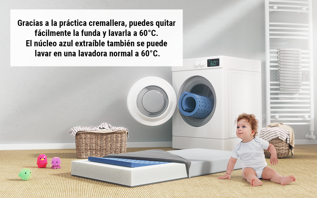 Comparación de colchones enrollados junto a una lavadora en un entorno minimalista, destacando la practicidad de los productos y su facilidad para ser lavados.