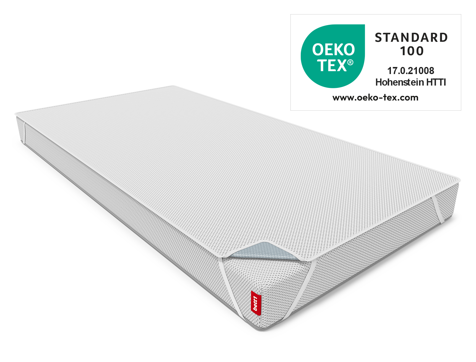 Der BODYGUARD® Nässeschutz ist auf der BODYGUARD® Kindermatratze mit den Halteschlaufen befestigt, daneben das Oeko-Tex® Standard 100 Siegel.	