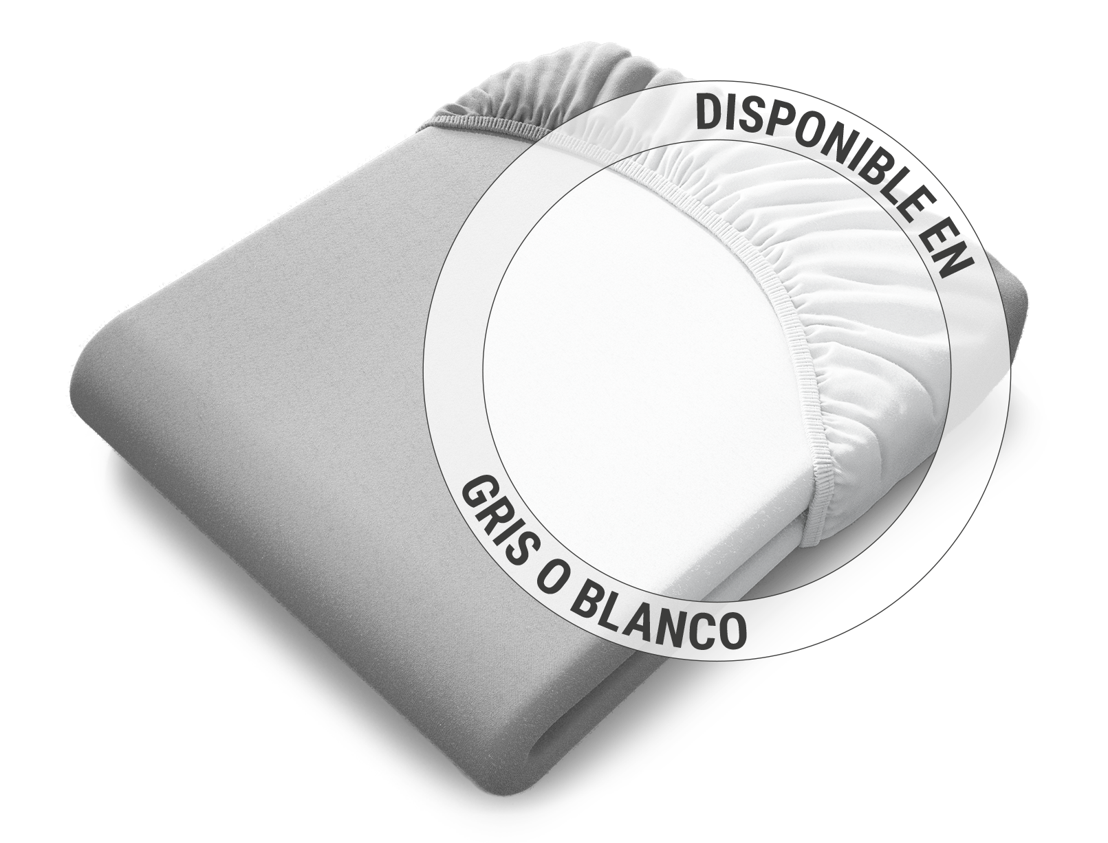 La sábana ajustable de jersey BODYGUARD® en plata, doblada: Enfoque en la sábana en la variante de color blanco; Texto: Disponible en plata o blanco.