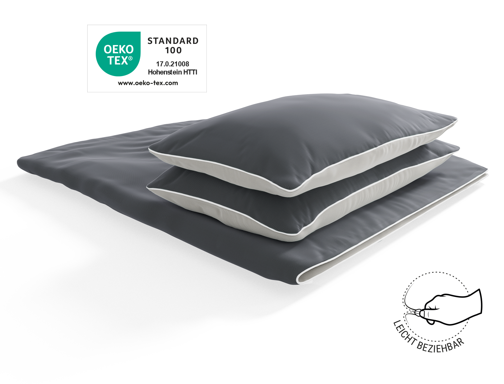 Die SOFT BREEZE® Satin-Bettwäsche bezogen auf einer zusammengelegten Bettdecke mit zwei Kissen darauf. Das Oeko-Tex® Siegel. Illustration einer Hand, die einen Reißverschluss schließt. Text: leicht beziehbar