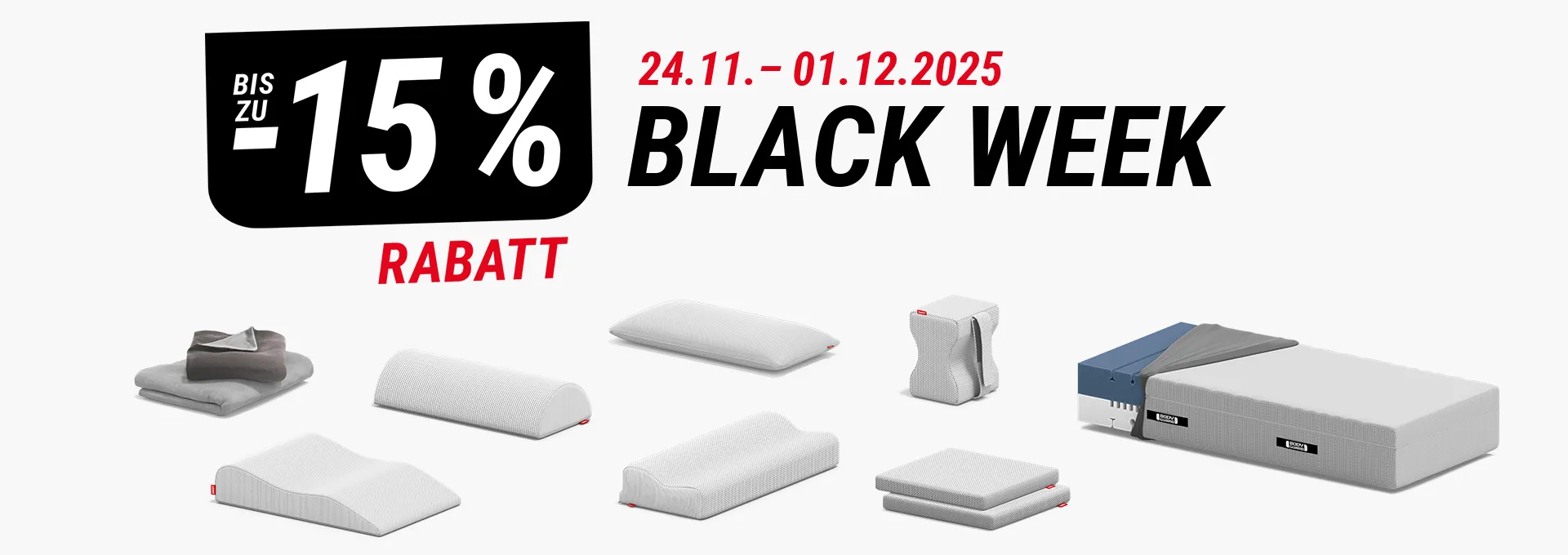 Zusammenstellung der Produkte in der Blackweek vom 24.11.-01.12.2025, daneben Text: bis zu 15 % Rabatt