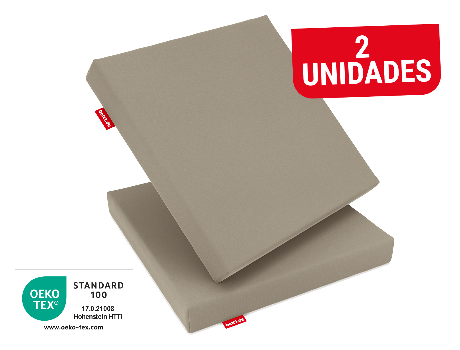 Dos cojines de asiento RAINGUARD, uno en posición vertical y otro tumbado. Texto: Pack doble. Sello: Oeko-Tex