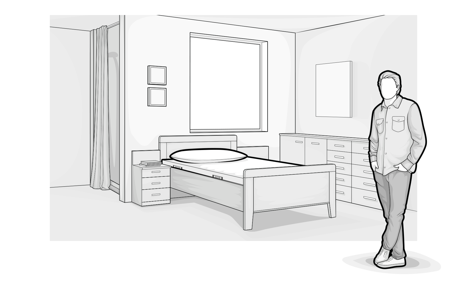 Ilustración de una persona junto a una cama con el colchón BODYGUARD®, destacando la adaptabilidad del colchón BODYGUARD® a todos los tipos de cuerpos.