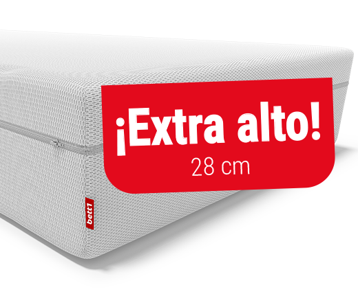 Colchón BODYGUARD® Boxspring: Una base roja con el texto: 100% Espuma Completa. Un ícono de un resorte de metal tachado con el texto: Sin Resortes Metálicos.