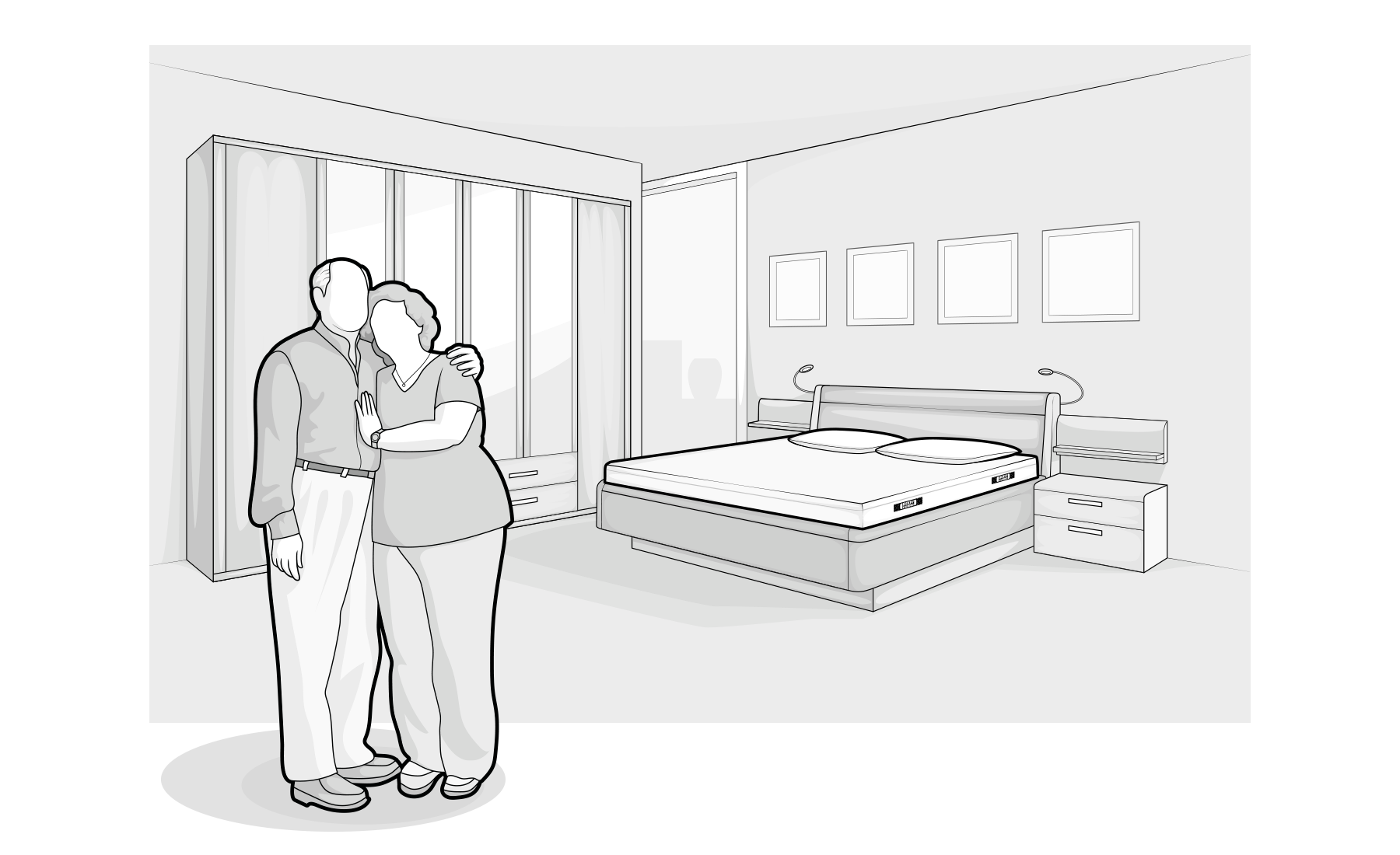 Ilustración de una pareja observando una cama con el colchón BODYGUARD® destacando la adaptabilidad del colchón BODYGUARD® a todos los tipos de cuerpos.