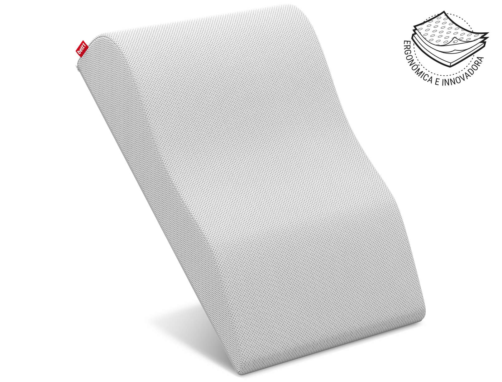La almohada para las piernas BODYGUARD<sup>®</sup> colocada de pie, equilibrada sobre el lado delgado. Al lado, la ilustración de la funda de la almohada en tres capas con el texto: ergonómica e innovadora.