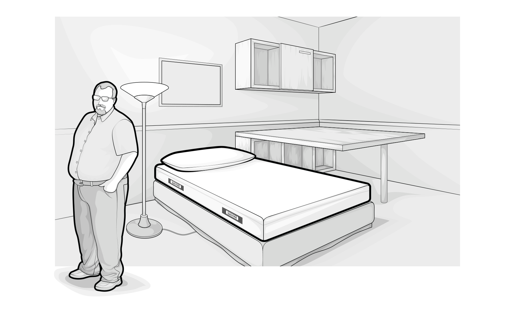 Ilustración de una persona junto a una cama con el colchón BODYGUARD®, destacando la adaptabilidad del colchón BODYGUARD® a todos los tipos de cuerpos.