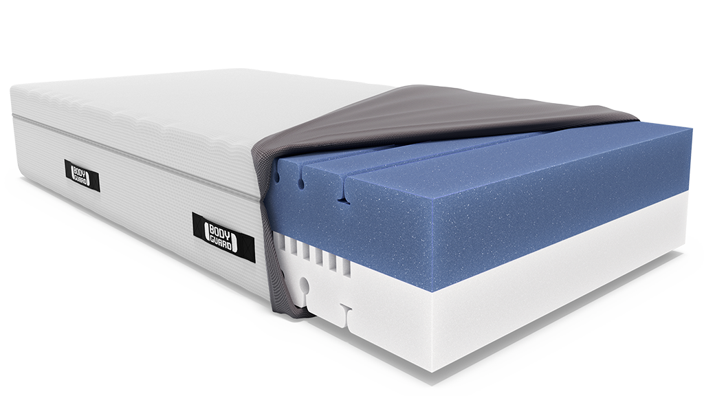 BODYGUARD® Boxspring Matratze mit geöffnetem Bezug und zweifarbigem Matratzenkern