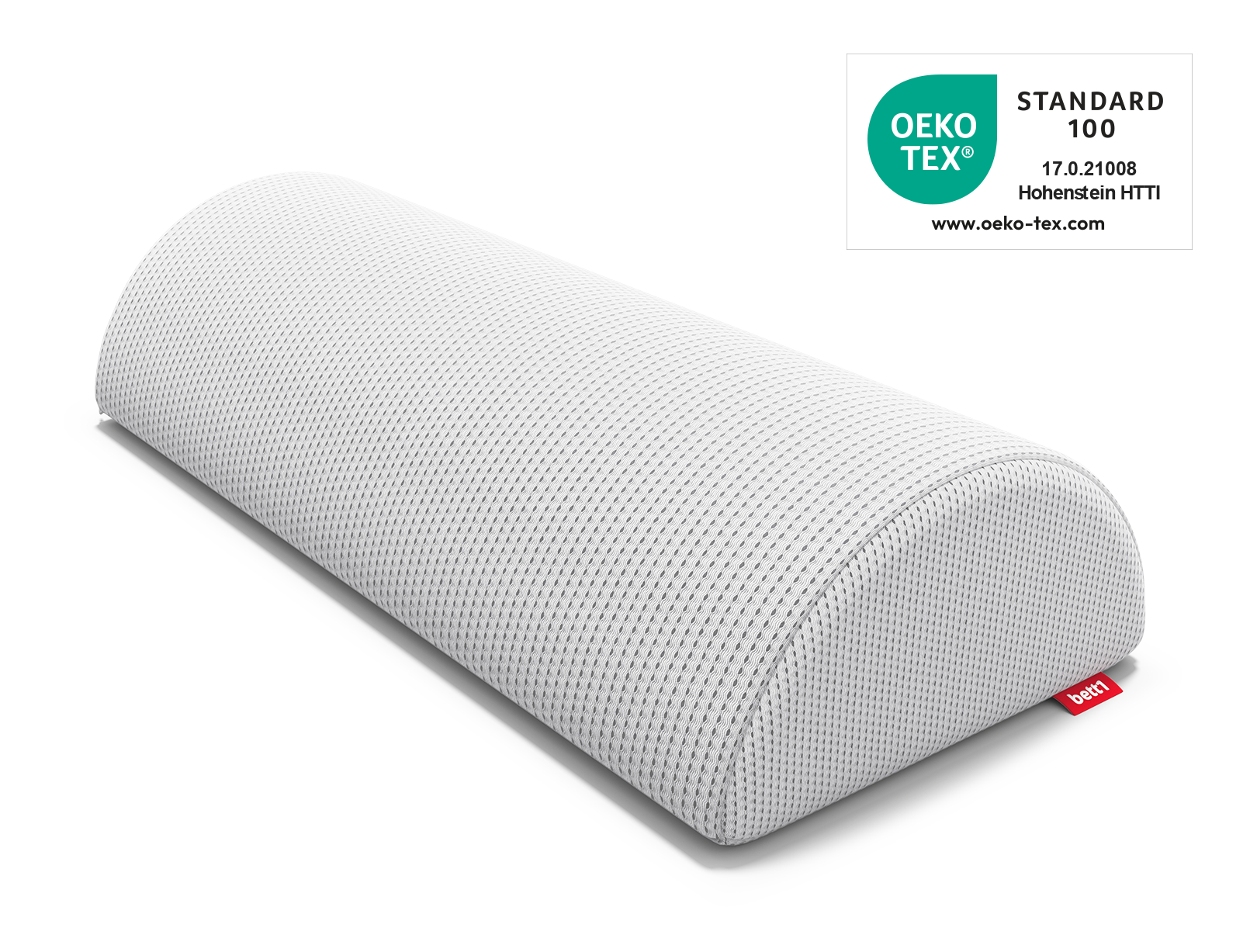 La almohada media luna BODYGUARD® para rodillas y cuello. Al lado, el sello Oeko-Tex® Standard 100.