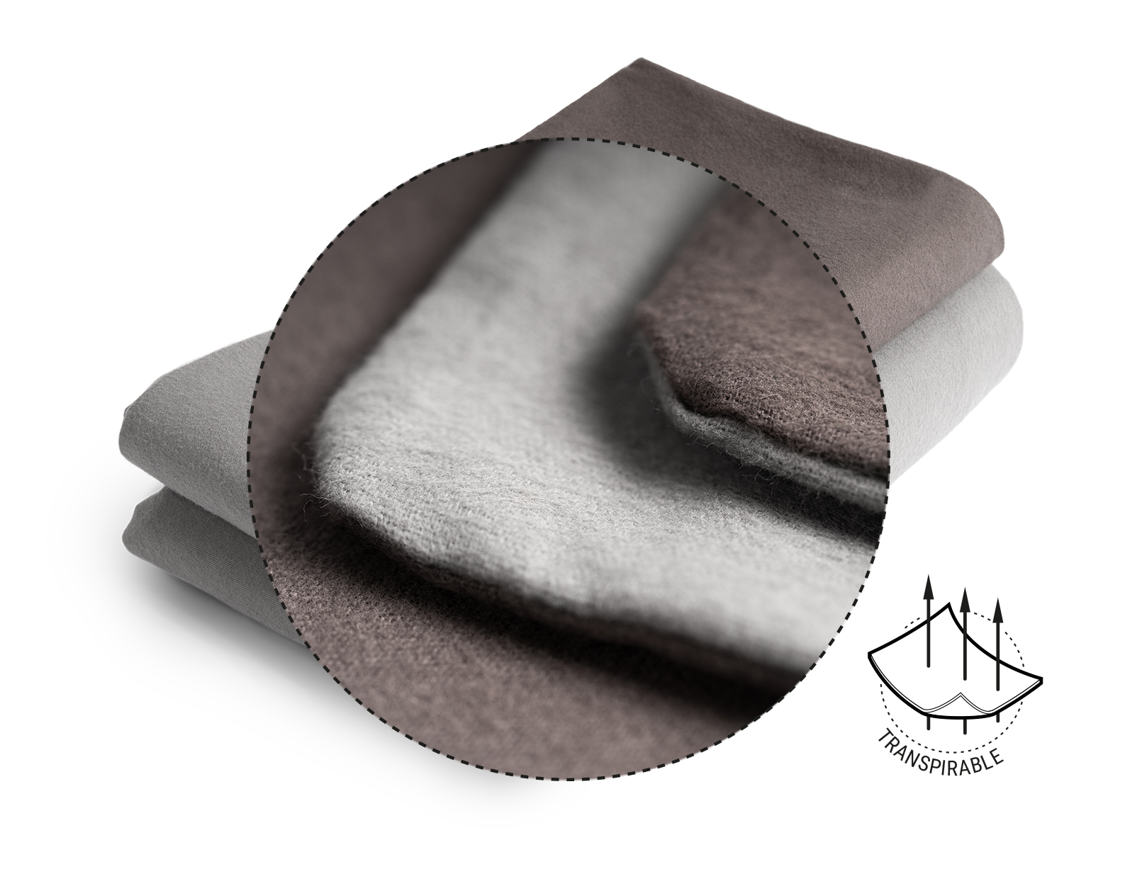 La ropa de cama de franela BODYGUARD®: Enfoque en la funda. Ilustración del tejido atravesado por tres flechas. Texto: Transpirable.