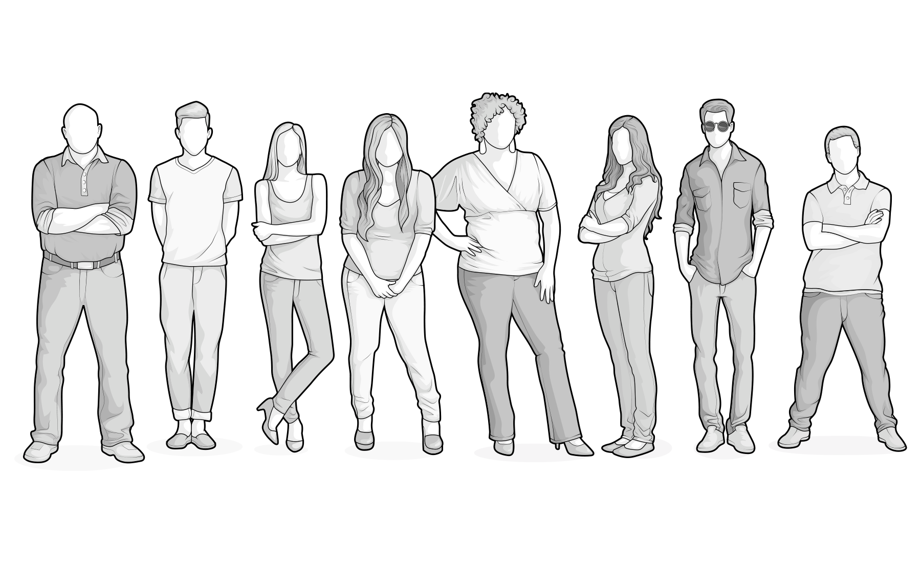 Ilustración de un grupo de personas de diferentes complexiones, destacando la adaptabilidad del colchón BODYGUARD® a todos los tipos de cuerpos.