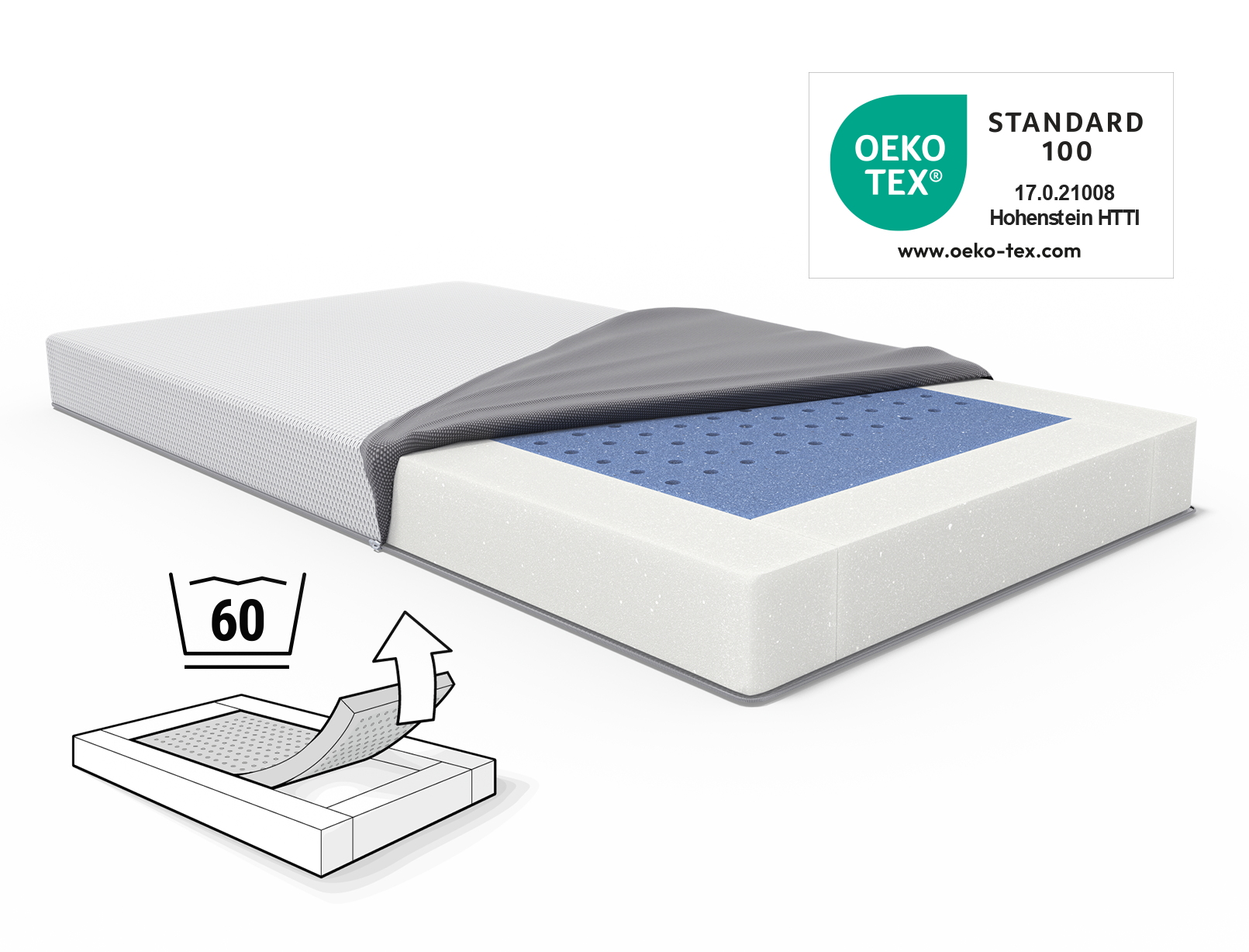 Colchón de cuna con la funda doblada hacia atrás. Sello Oeko-Tex®. Ilustración del colchón de cuna con símbolos de lavado.