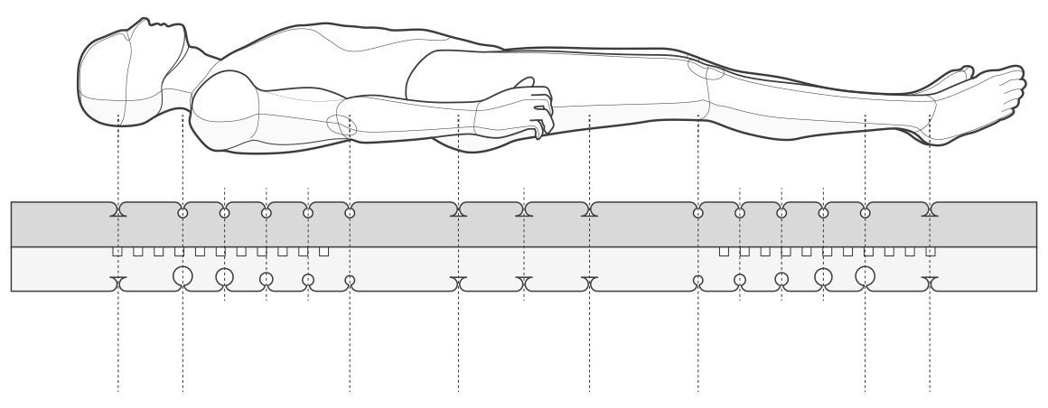 Illustration: Querschnitt des Matratzenkern aus QXSchaum, darüber schwebt eine Person.