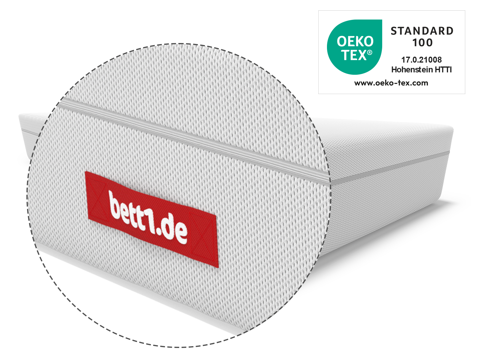 Fragment der FLIP Matratze mit einem Griff und Oeko Tex Logo