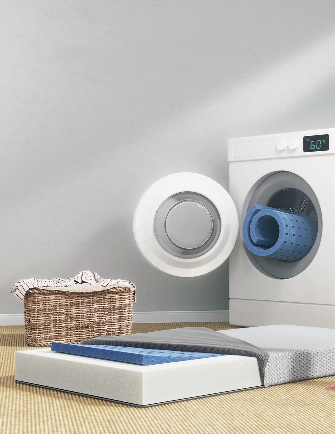 Die SuperBreeze Kindermatratze mit halb geöffnetem Bezug liegt vor einer Waschmaschine. Eine waschbare Liegefläche schaut zusammengerollt aus der Waschmaschine.