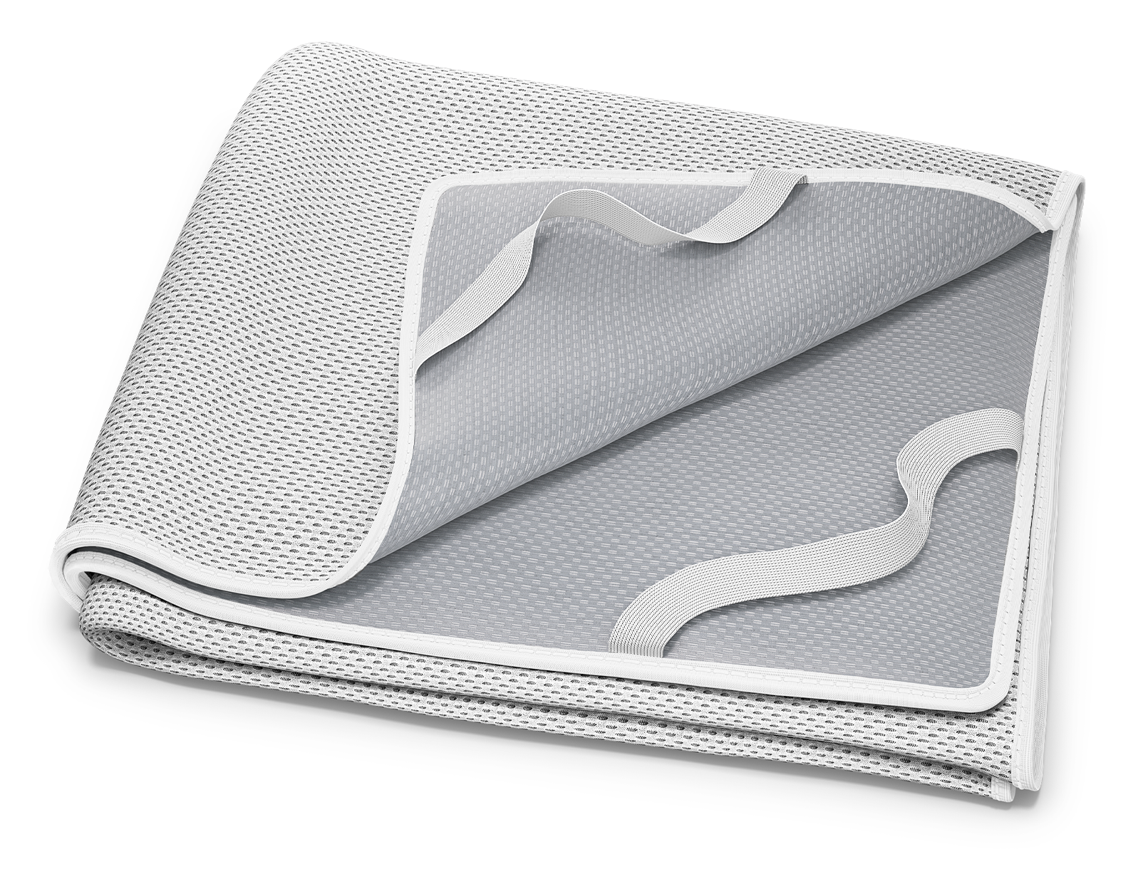 La protección para incontinencia BODYGUARD® doblada: una esquina levantada muestra la parte inferior con revestimiento y las correas de sujeción.