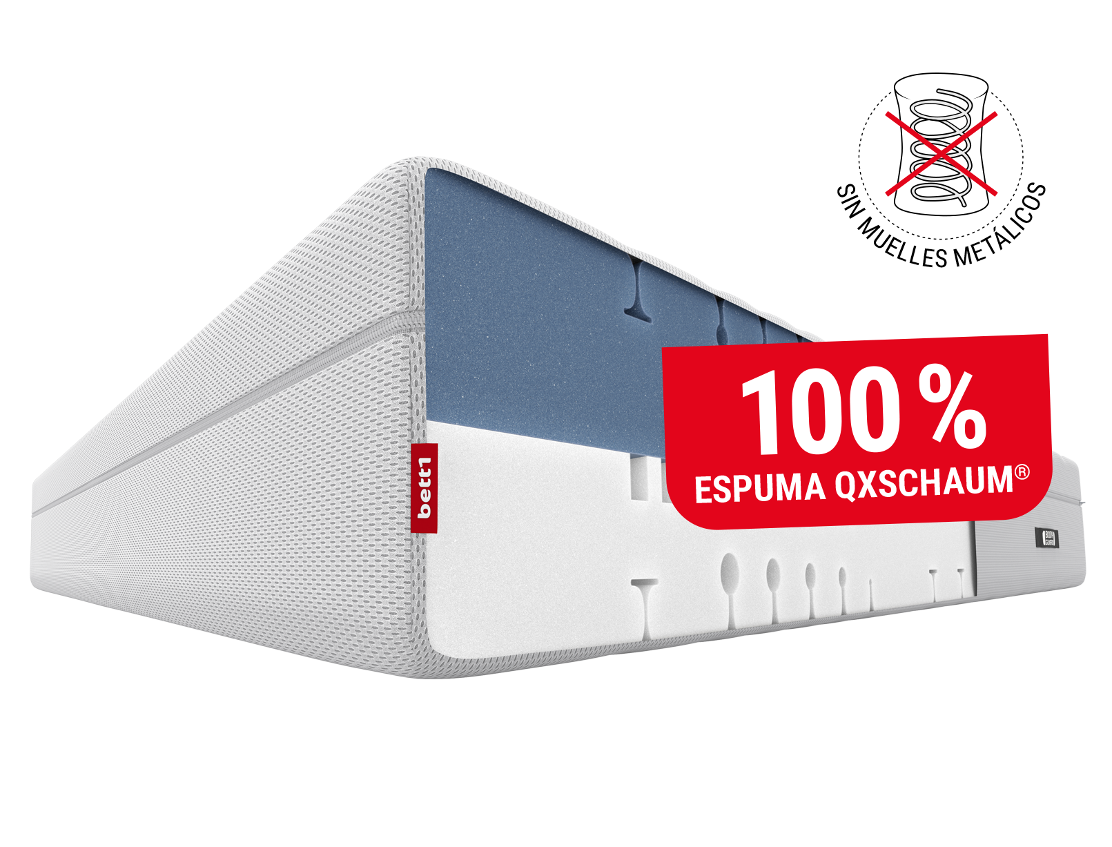 Colchón BODYGUARD® Boxspring: Una base roja con el texto: 100% Espuma Completa. Un ícono de un resorte de metal tachado con el texto: Sin Resortes Metálicos.