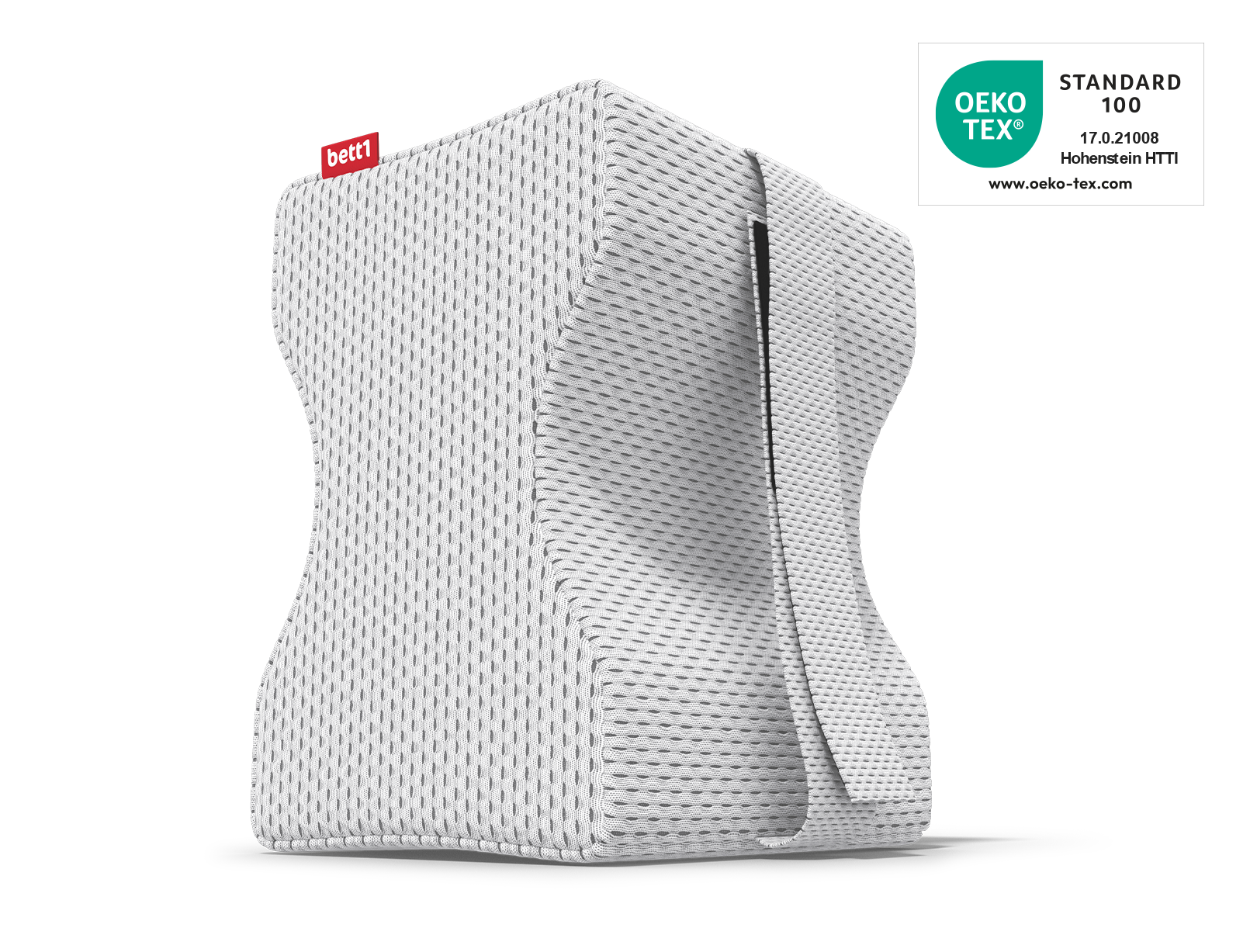La almohada para las rodillas BODYGUARD®. Al lado, el sello Oeko-Tex® Standard 100.