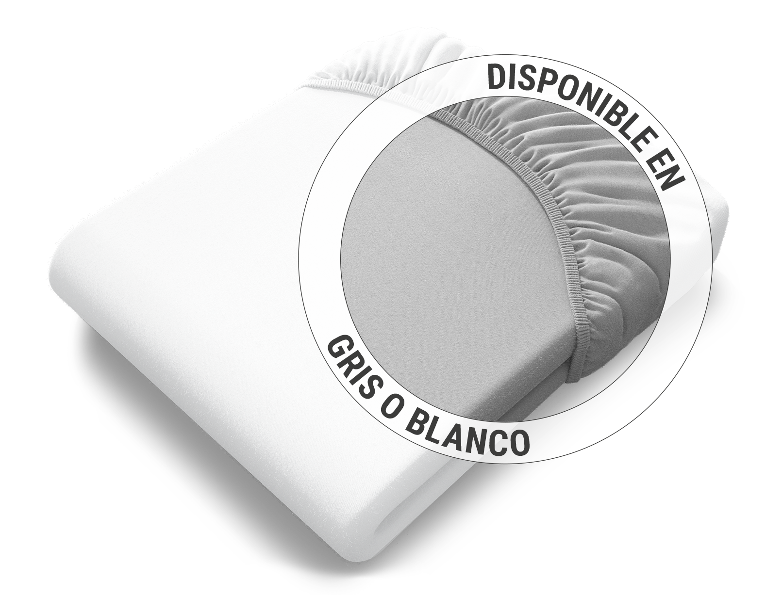 La sábana ajustable BODYGUARD® de jersey en blanco, doblada: Enfoque en la sábana en la variante de color plateado. Texto: Disponible en plata o blanco.