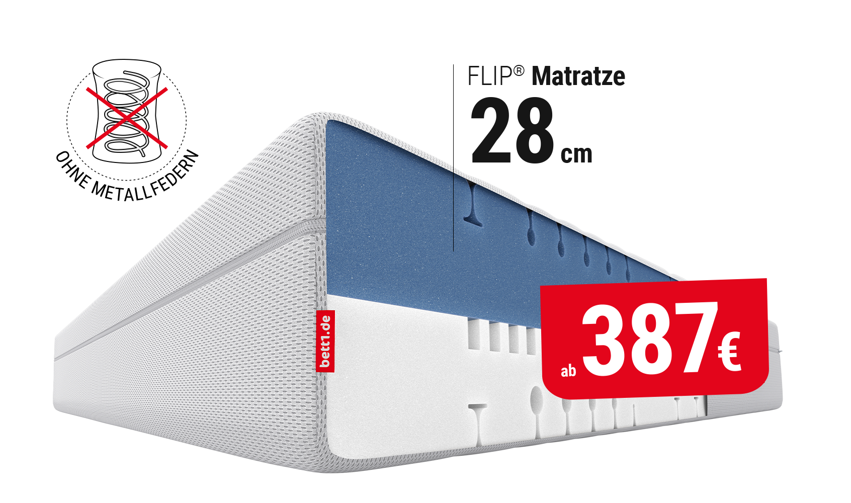 FLIP Matratze mit einem Presi ab 387€ und Text: ohne Metallfedern.