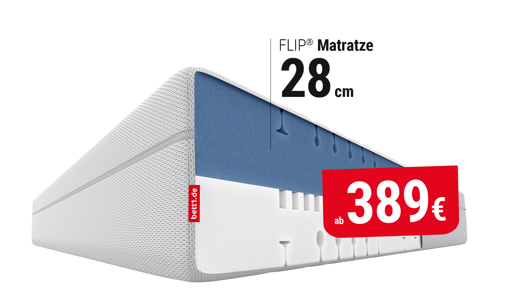 FLIP Matratze mit einem Presi ab 387€ und Text: ohne Metallfedern.