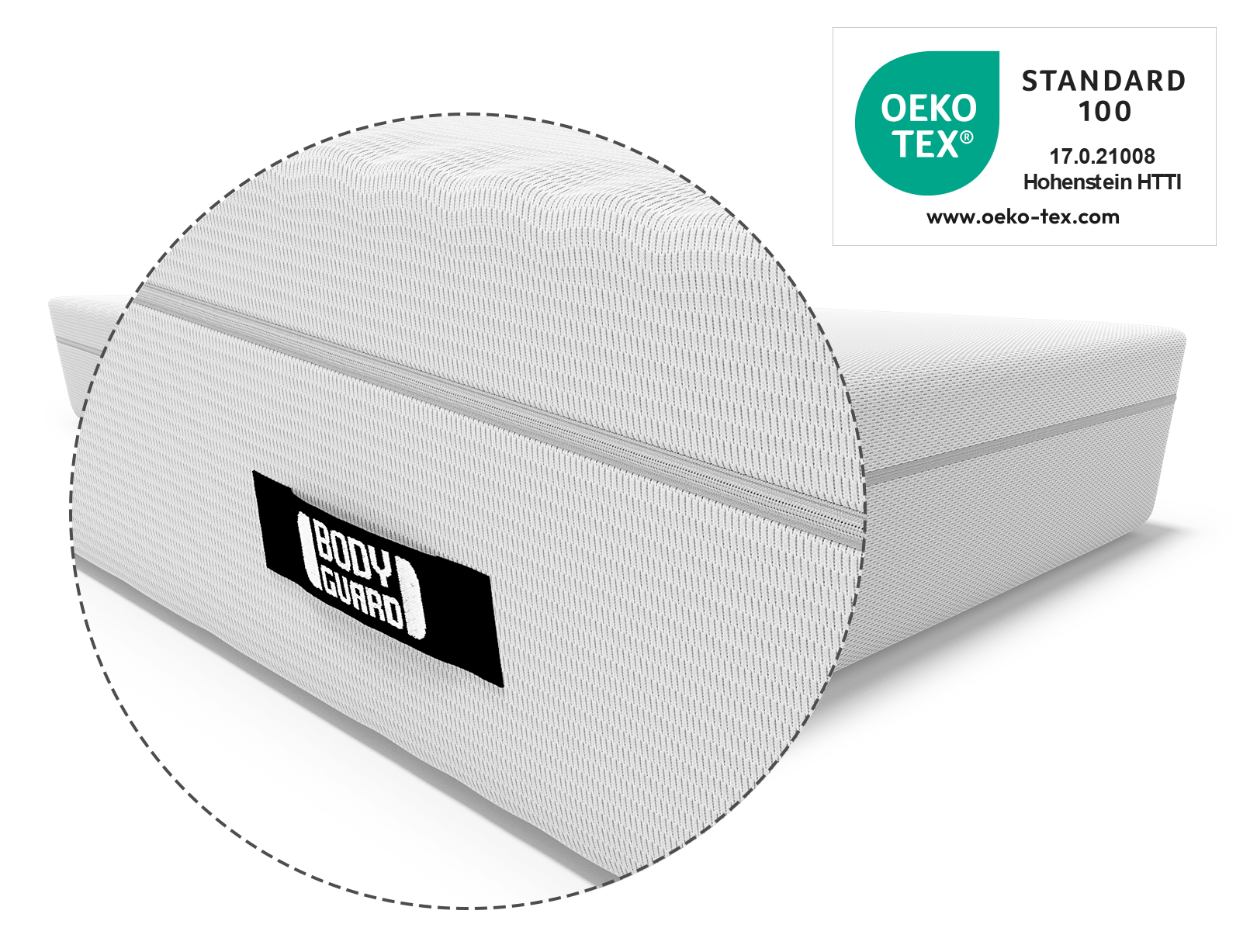 BODYGUARD® Boxspring Matratze: Zoom auf Griff. Oeko-Tex® Siegel. 	