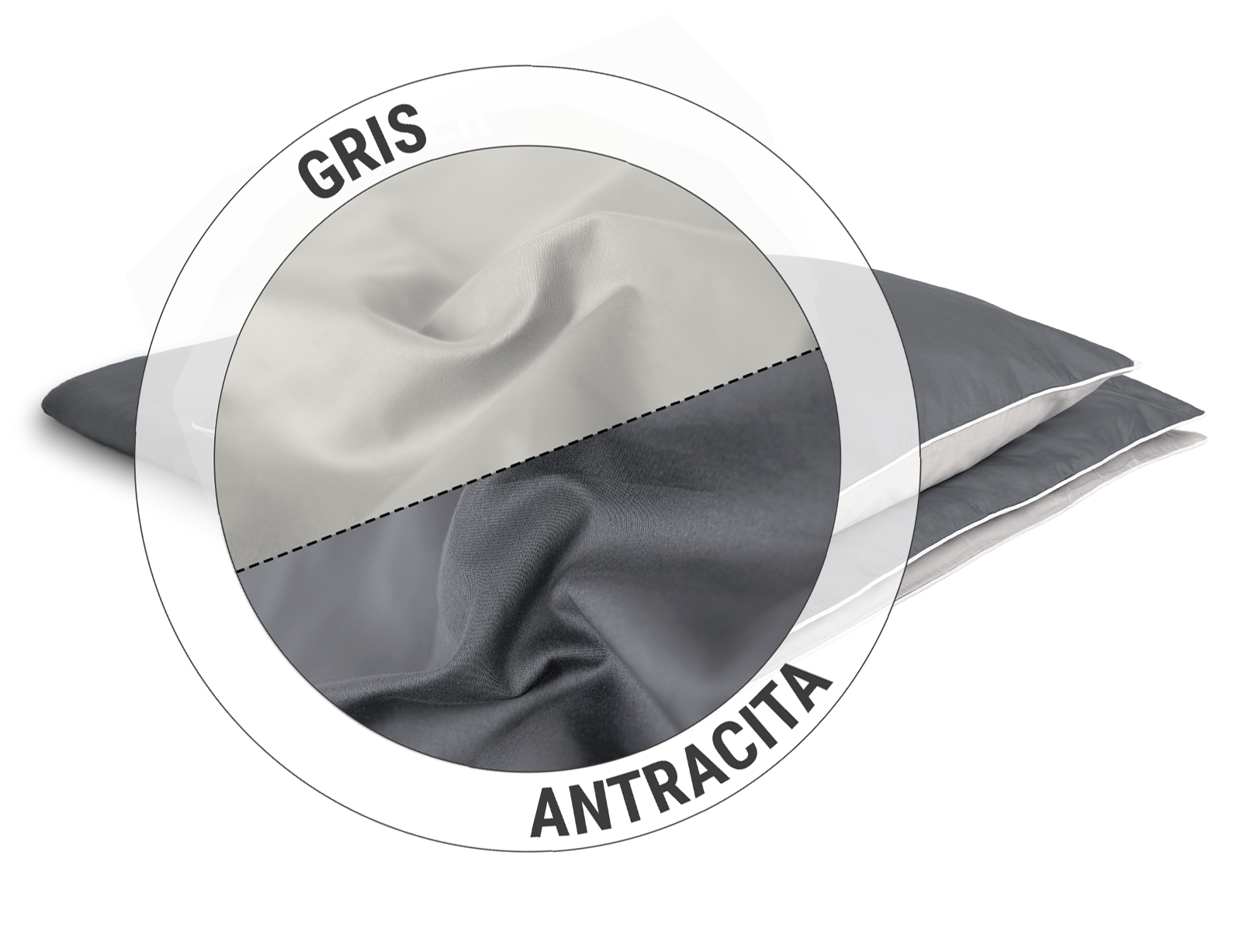 Muestras de tela gris y antracita con círculo de selección.