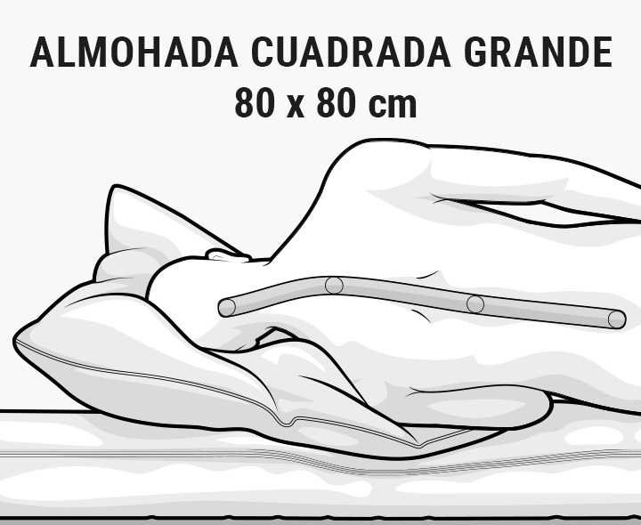 Ilustración: una persona tumbada sobre una almohada, con la columna vertebral hacia dentro y doblada Texto: almohada estándar 80x80 cm