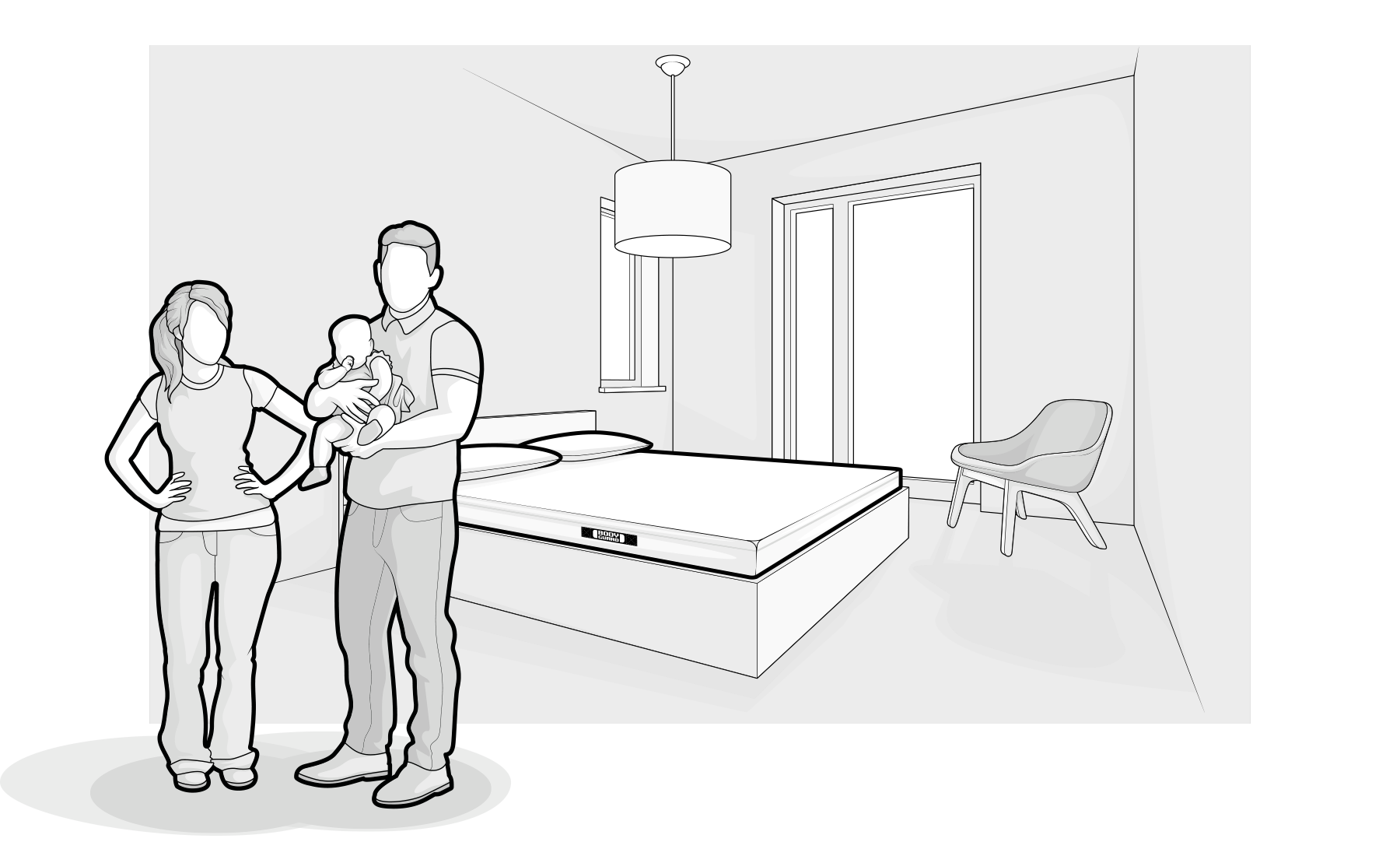 Ilustración de una pareja observando una cama con el colchón BODYGUARD® destacando la adaptabilidad del colchón BODYGUARD® a todos los tipos de cuerpos.