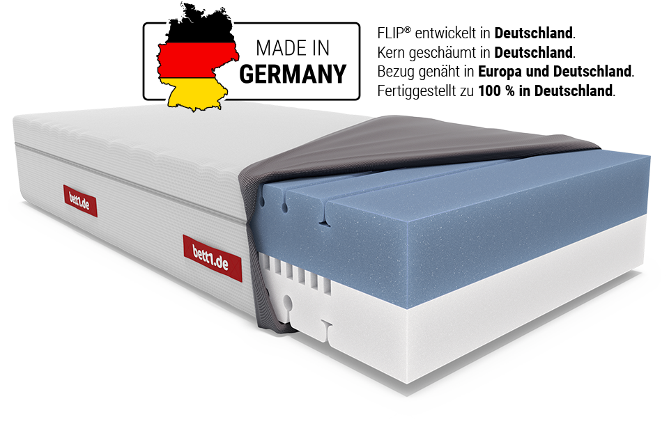 FLIP Matratze mit einem Made in Germany Logo.