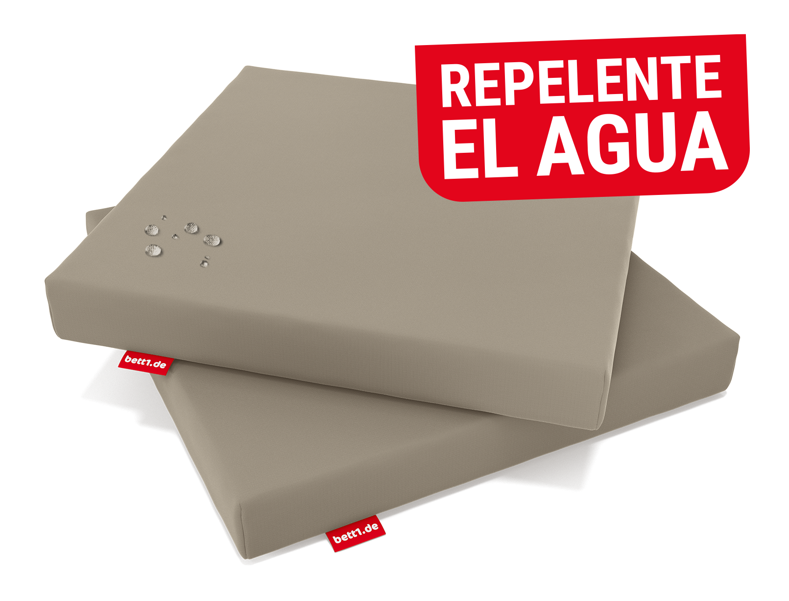 Dos cojines de asiento RAINGUARD colocados uno sobre otro. Gotas de agua resbalando en la superficie. Texto: Repelente al agua