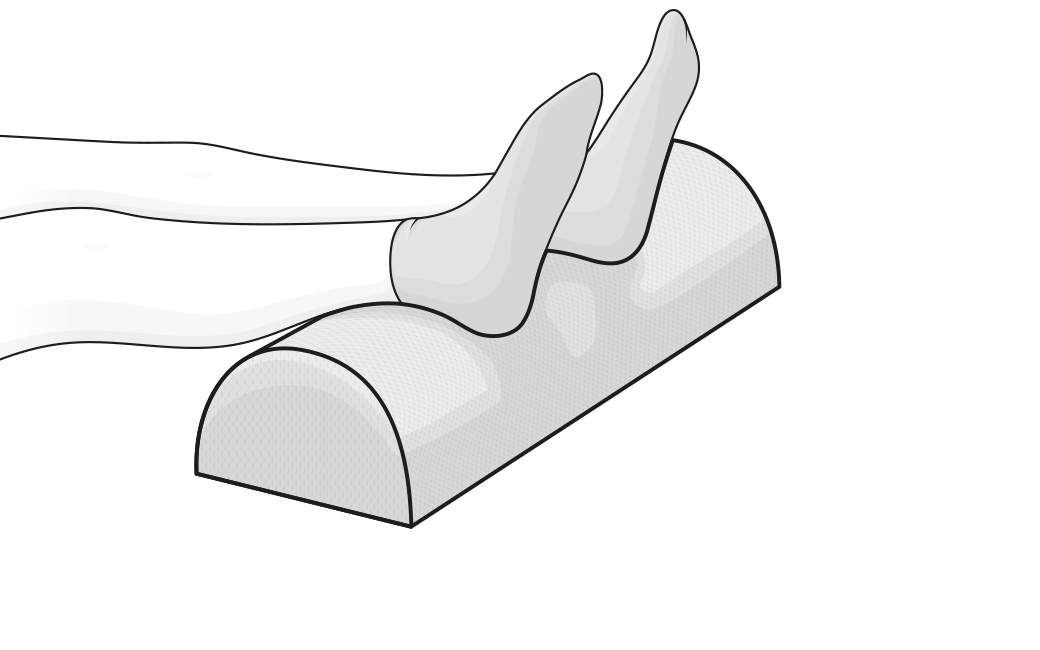 Ilustración de una persona utilizando la almohada media luna BODYGUARD® para elevar las piernas, mejorando la circulación y el confort al descansar.