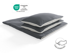 Juego de funda nórdica y almohadas gris oscuro, con certificación OEKO-TEX y símbolo de pluma blanca.