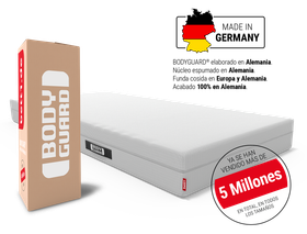 Colchón anticartel BODYGUARD® junto a una caja de cartón con la inscripción «BODYGUARD®» en letras blancas.   Icono con texto: Más de 5 millones de unidades vendidas en todos los tamaños. Logotipo "Made in Germany".
