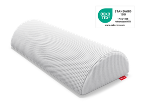 La almohada media luna BODYGUARD® para rodillas y cuello. Al lado, el sello Oeko-Tex® Standard 100.