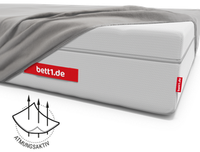 Die FLIP® Matratze bezogen mit dem Spannbettlaken extra hoch. Illustration des Stoffes, durch den drei Pfeile gehen. Text: atmungsaktiv	