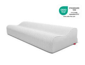 La almohada cervical BODYGUARD®. Al lado, el sello Oeko-Tex® Standard 100.
