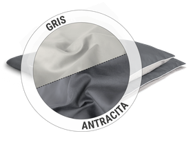 Muestras de tela gris y antracita con círculo de selección.