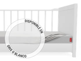 Cuna blanca con colchón y sábana Bodyguard ajustada, círculo informativo "DISPONIBLE EN GRIS O BLANCO".