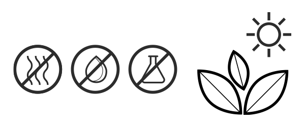 Ilustración: Dispuestos uno al lado del otro, hay símbolos estilizados: una planta bajo el sol. Al lado, tachados: un matraz Erlenmeyer, una gota de agua, tres líneas onduladas.